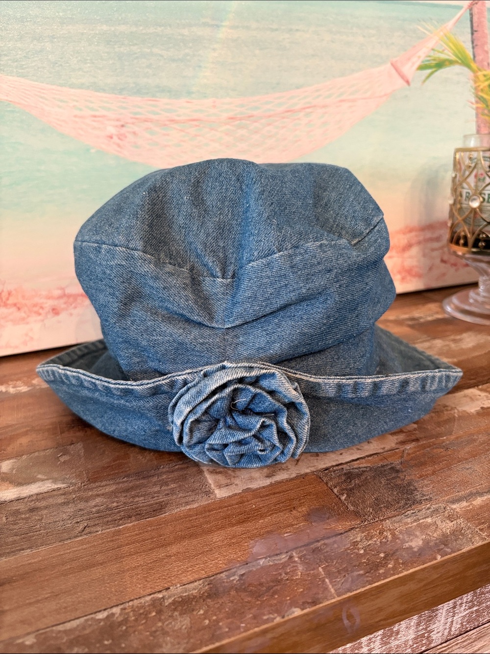 Vintage blue Denim Bucket Hat with Rosette - Blue so cute